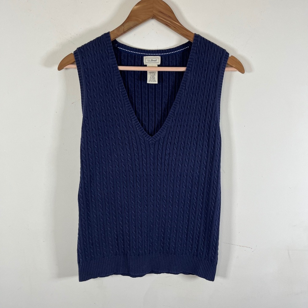L.L. Bean Cable Knit V-Neck Sweater Vest Navy Blue Preppy Academia Womens Medium
